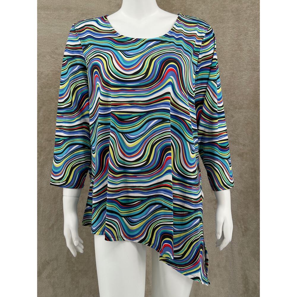 Cocomo Top Womens‎ XL Petite Multi Tunic Wavy Stripe Asymmetrical Hem Artsy Work